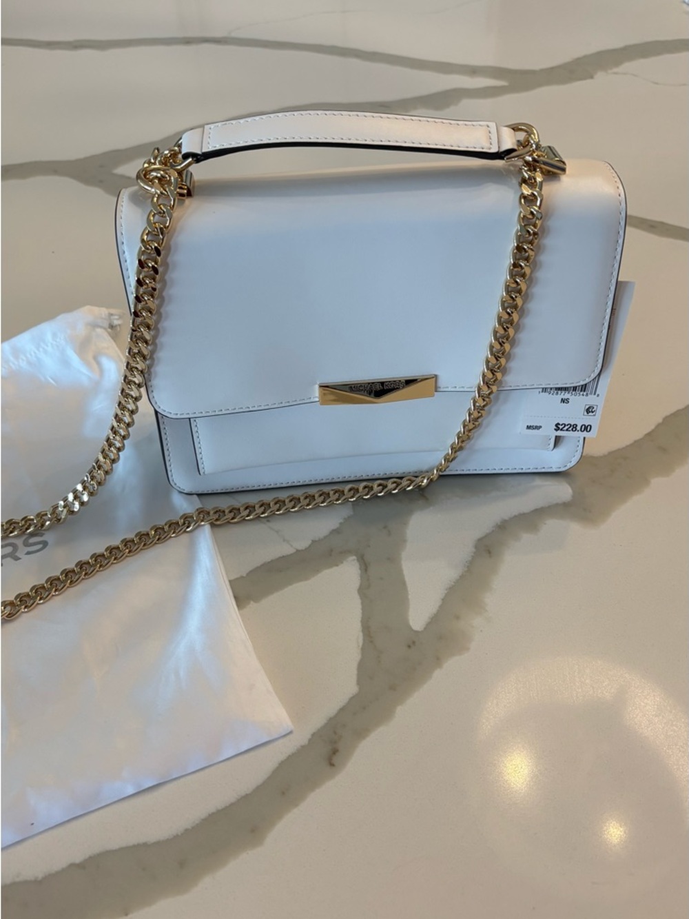 Michael Kors Elegant White Leather Jade Shoulder Bag with Gold Chain